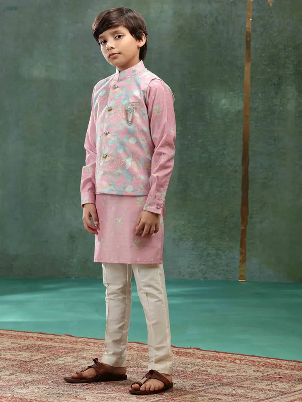 Stunning muave pink silk designer waistcoat set for boys