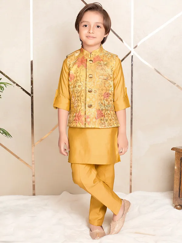 Stunning golden yellow silk designer waistcoat set for boys