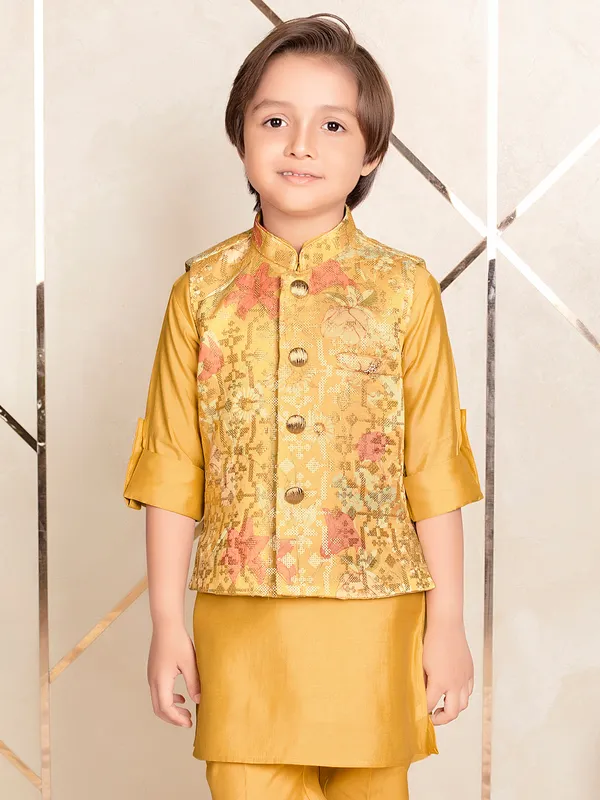 Stunning golden yellow silk designer waistcoat set for boys