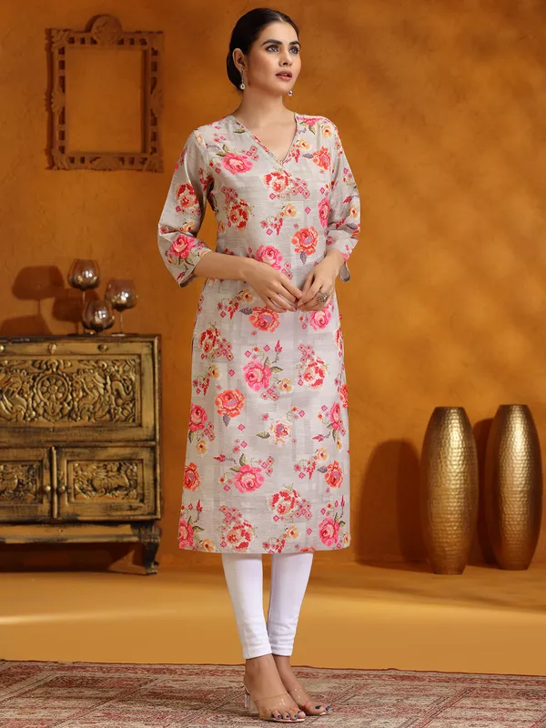 Stunning grey floral printed cotton kurti