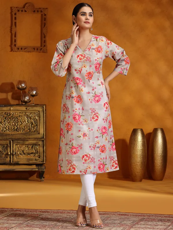 Stunning grey floral printed cotton kurti