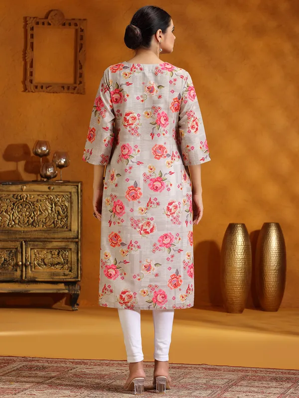 Stunning grey floral printed cotton kurti