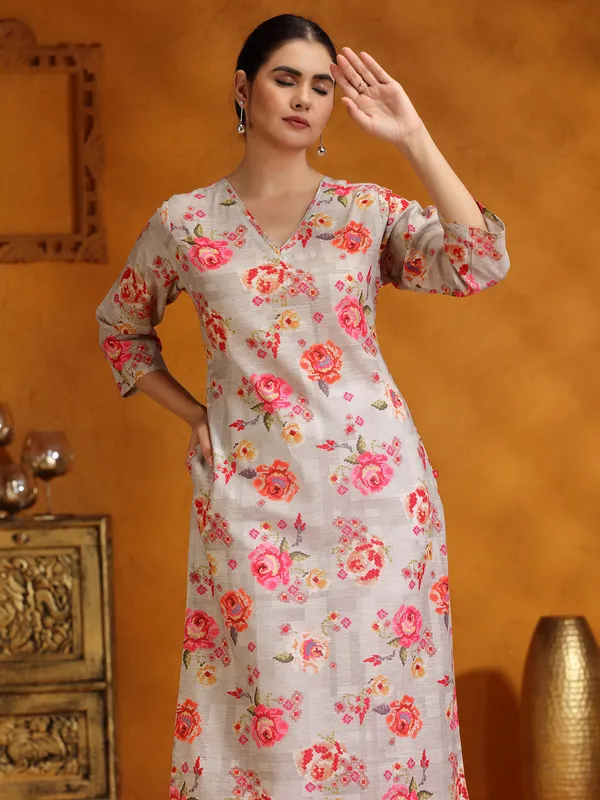 Stunning grey floral printed cotton kurti