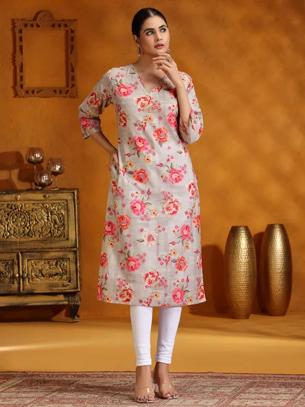 Stunning grey floral printed cotton kurti