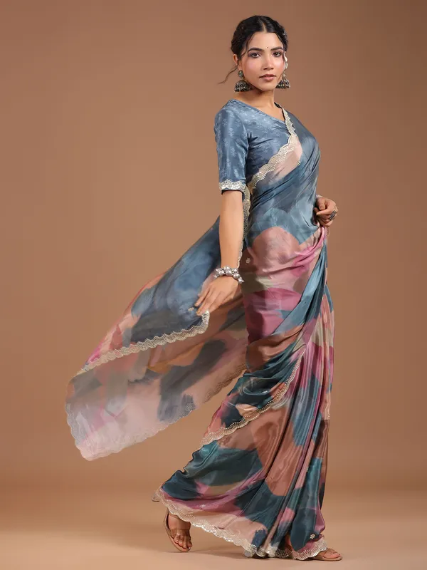 Stunning grey muslin silk printed saree