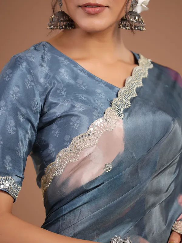 Stunning grey muslin silk printed saree