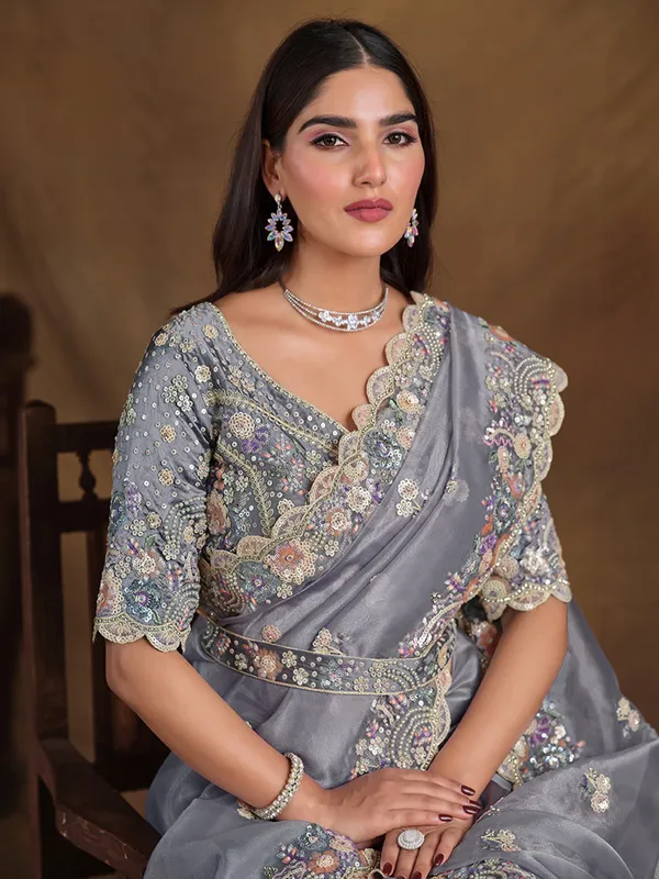 Stunning grey organza saree