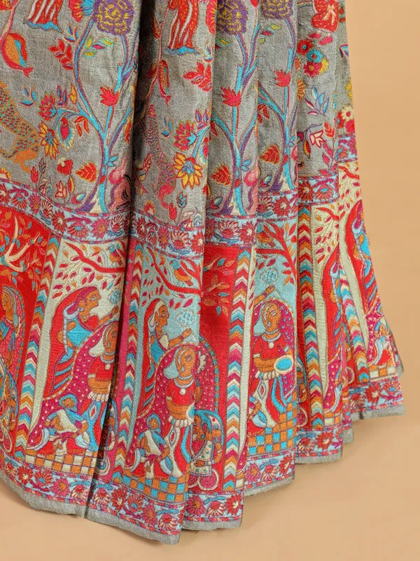 Stunning grey pashmina silk printed saree