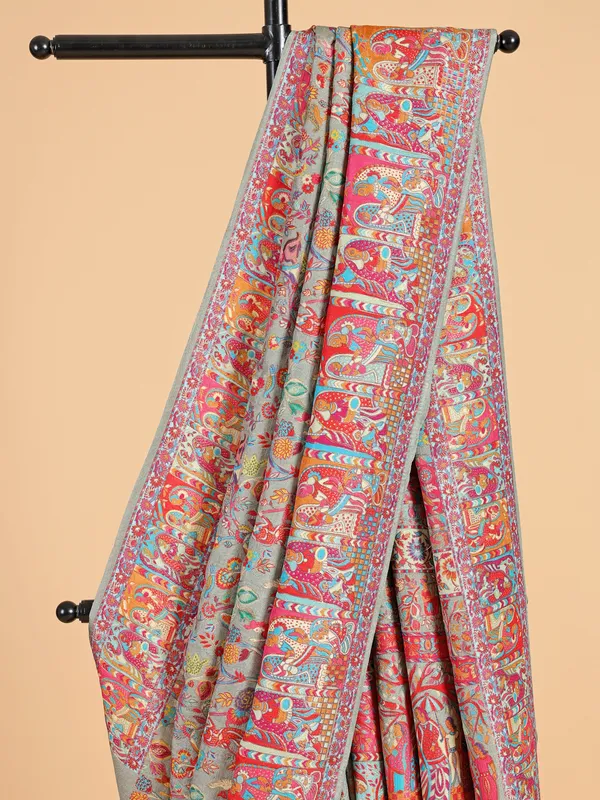Stunning grey pashmina silk printed saree