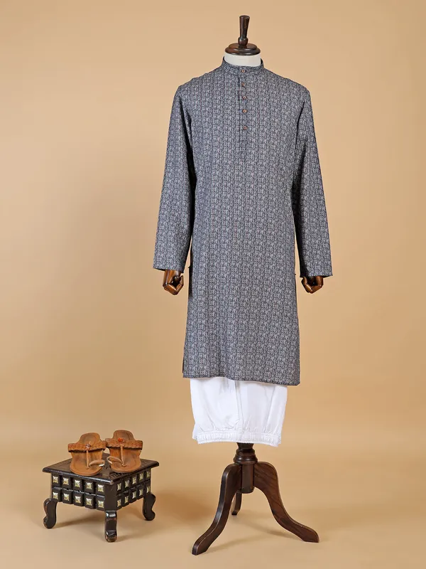 Stunning grey printed  Men Kurta pajama in cotton