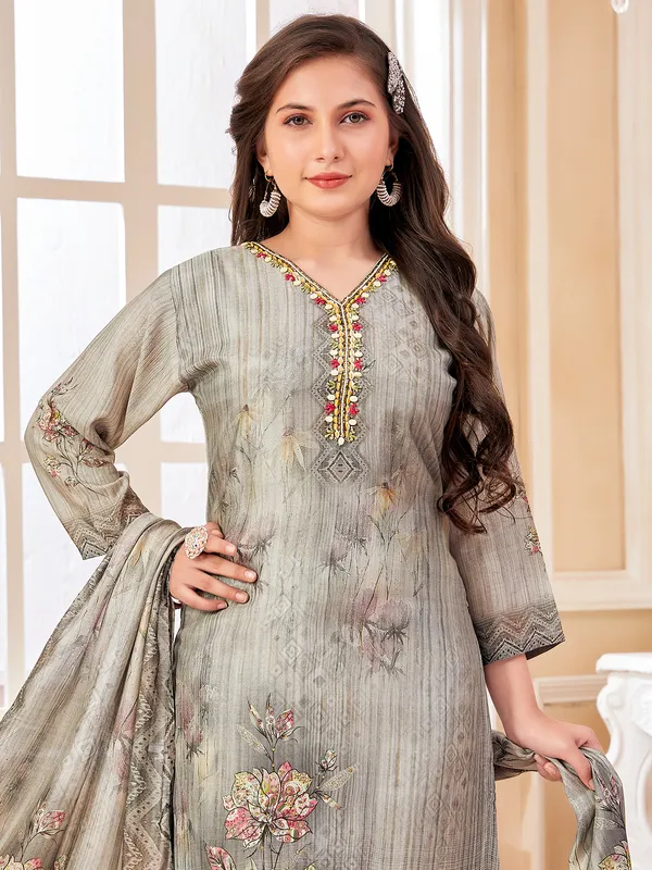 Stunning grey printed salwar suit in silk