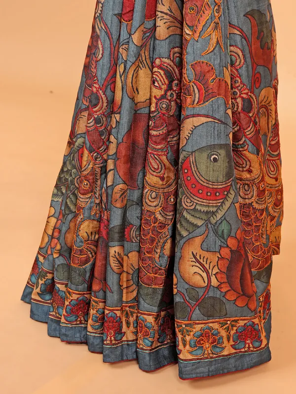 Stunning grey printed tusser silk saree