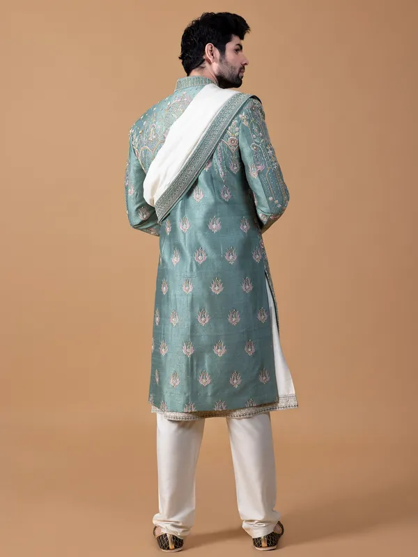 Stunning grey raw silk sherwani