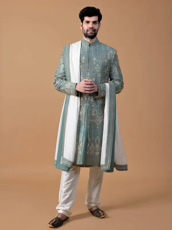 Stunning grey raw silk sherwani