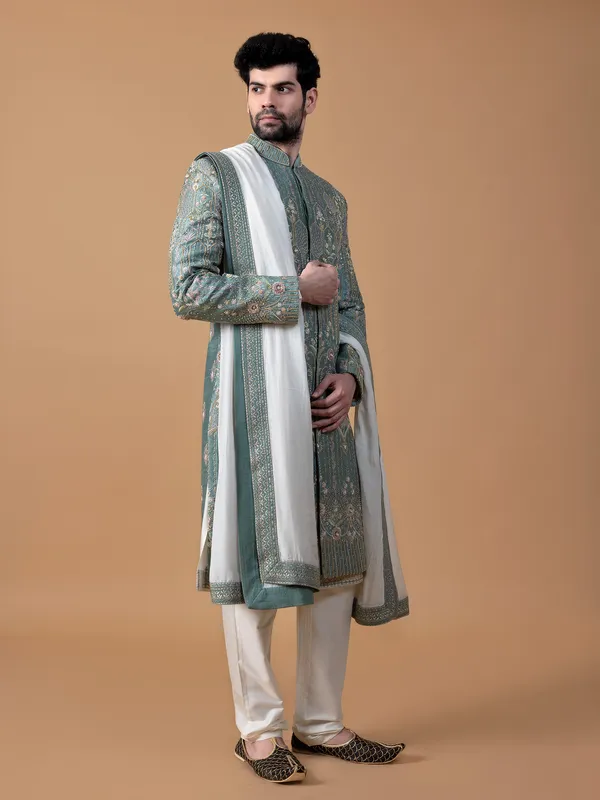 Stunning grey raw silk sherwani
