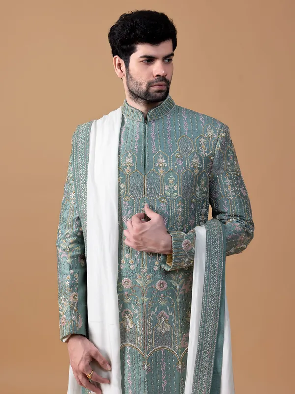 Stunning grey raw silk sherwani