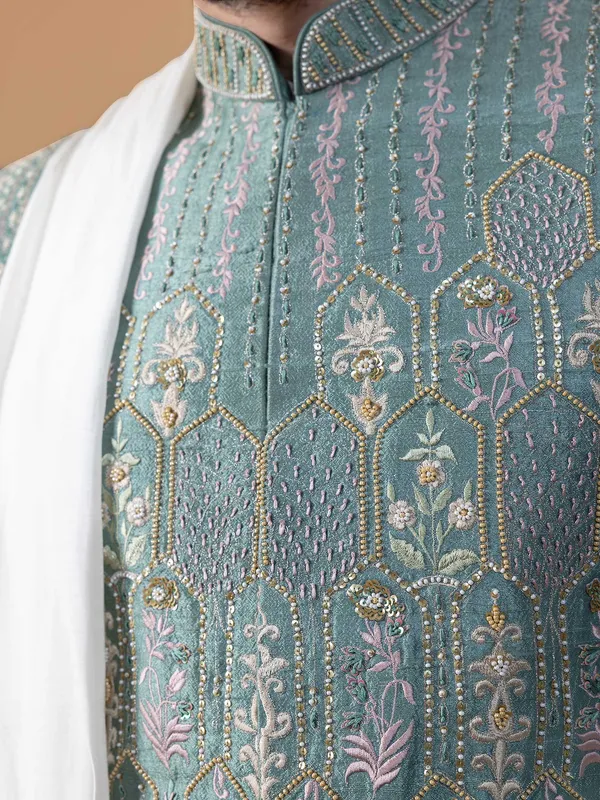 Stunning grey raw silk sherwani