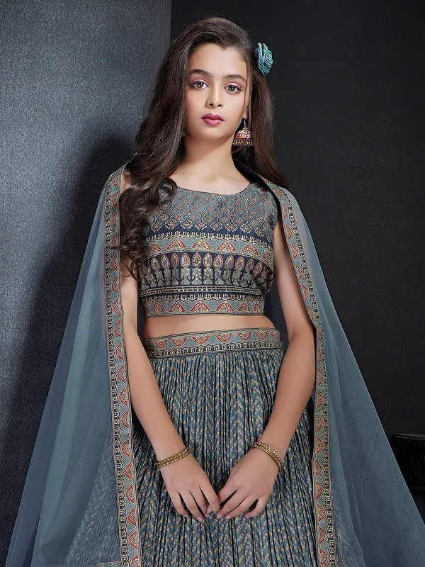 Stunning grey silk printed lehenga choli