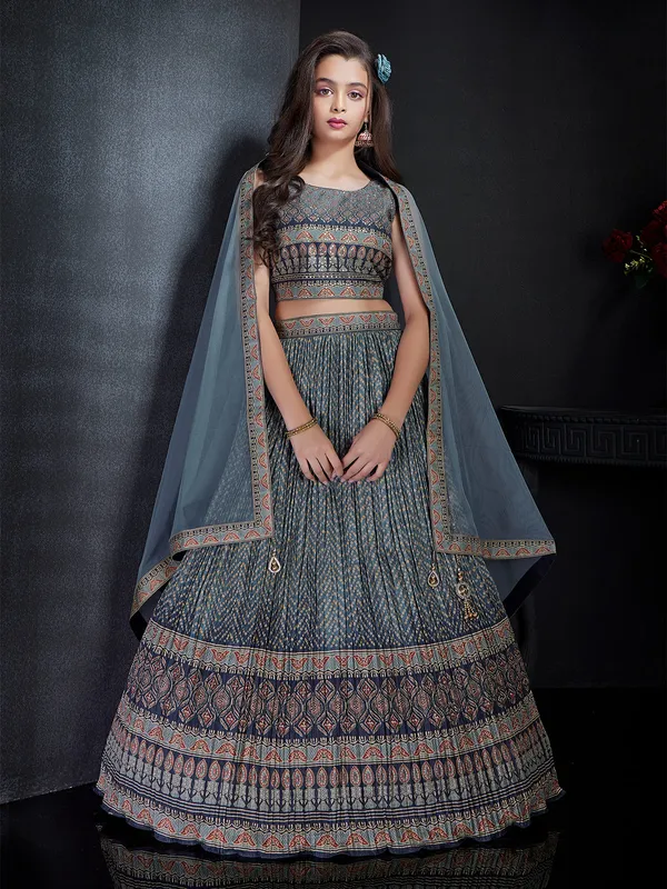 Stunning grey silk printed lehenga choli