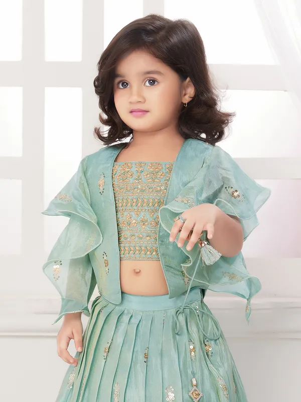 Stunning  jacket style sky blue lehenga choli in silk fabric