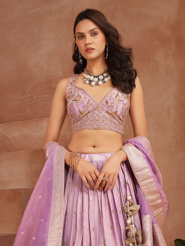 Stunning lavender tissue silk lehenga choli