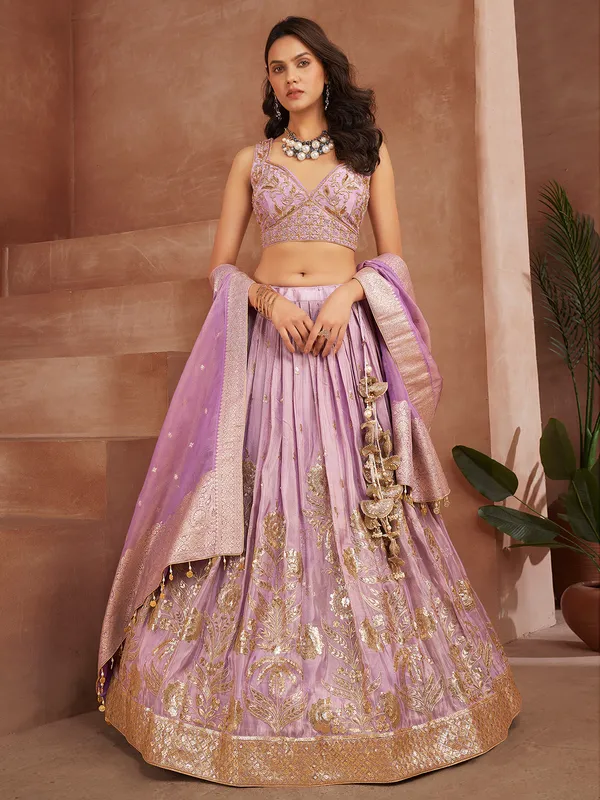 Stunning lavender tissue silk lehenga choli