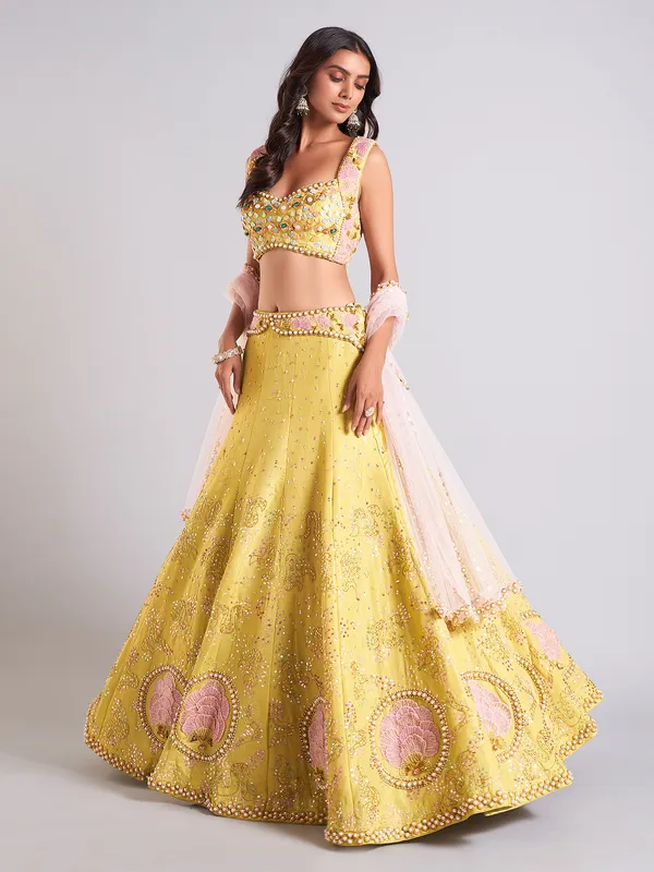 Stunning lime yellow lehenga choli in silk