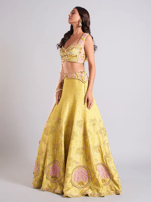 Stunning lime yellow lehenga choli in silk
