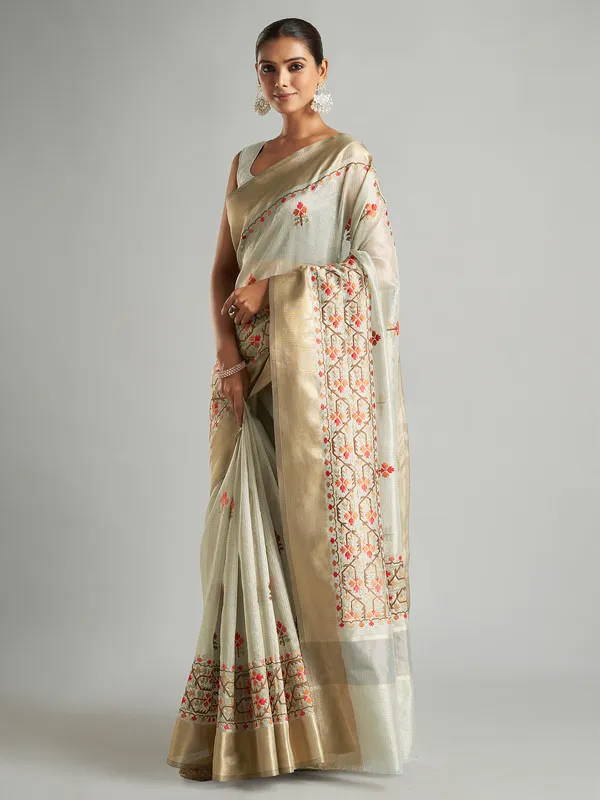 Stunning light grey cotton tissue saree
