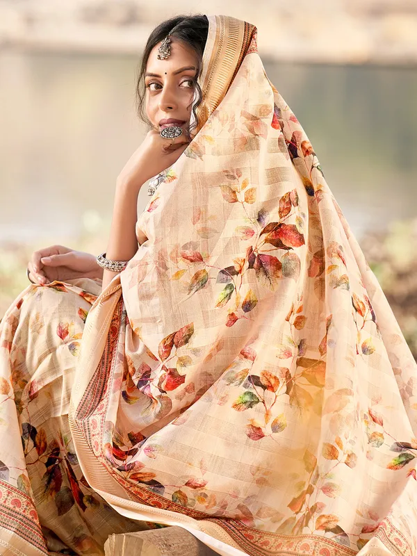 Stunning light peach printed saree