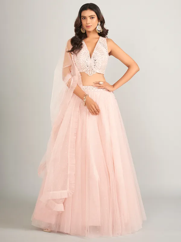 Stunning light pink net lahenga choli
