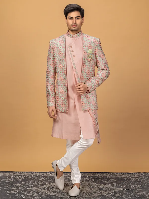 Stunning light pink silk indowestern
