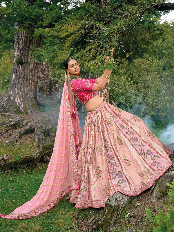 Stunning light pink silk unstitched lehenga choli