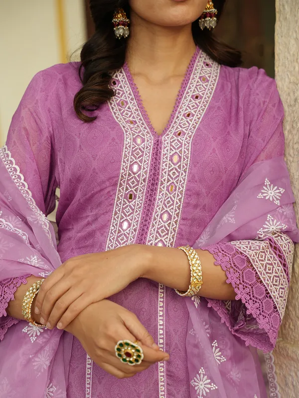 Stunning light purple cotton printed kurti set