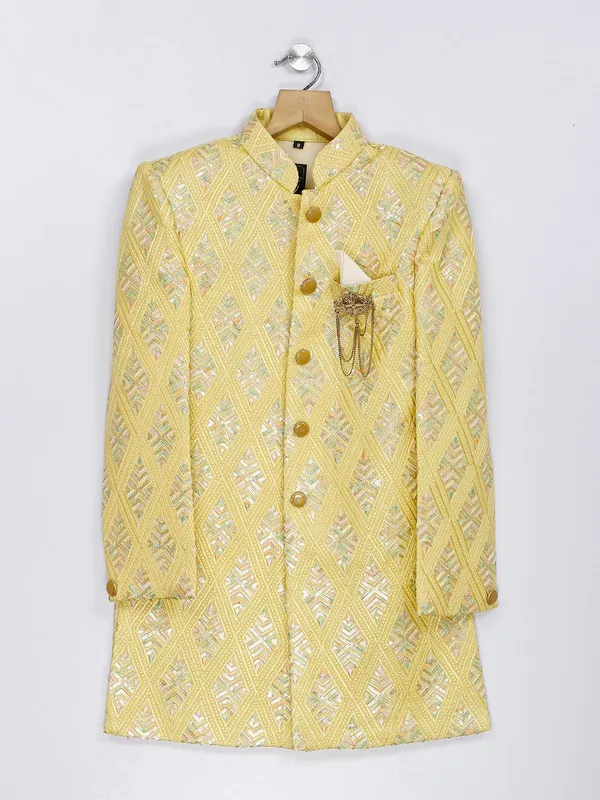 Stunning light yellow silk indowestern for boys