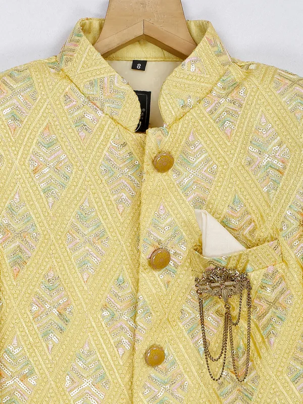 Stunning light yellow silk indowestern for boys