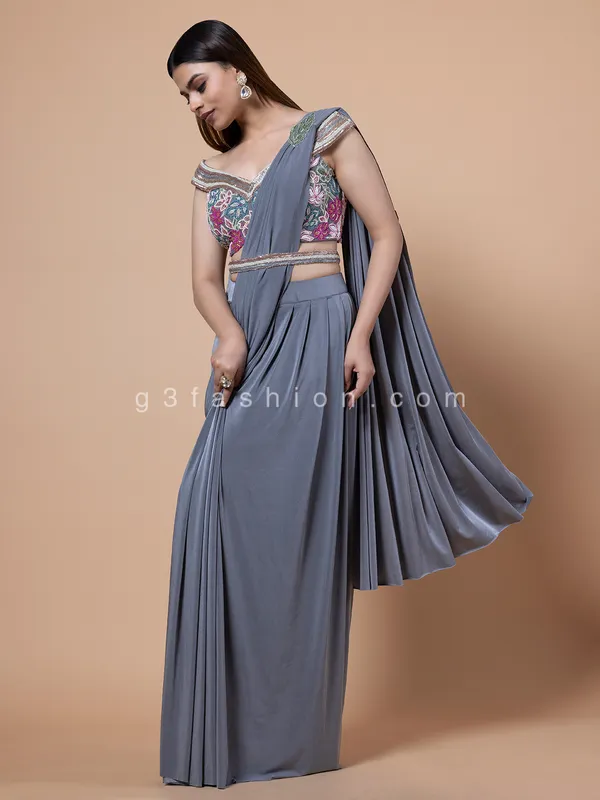 Stunning lycra grey pre stitched saree