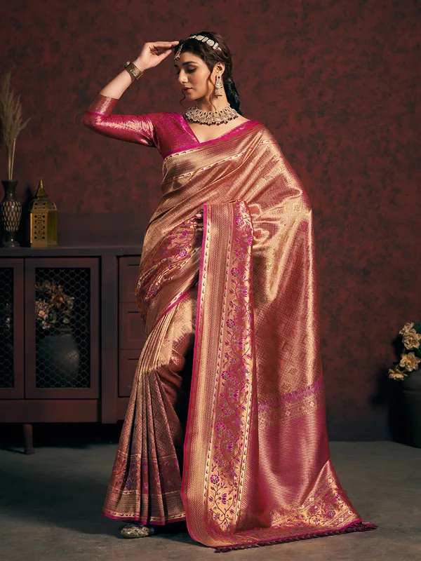 Stunning magenta silk minakari saree