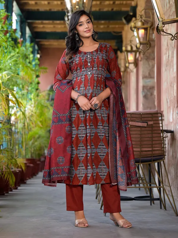 Stunning maroon cotton printed kurti set