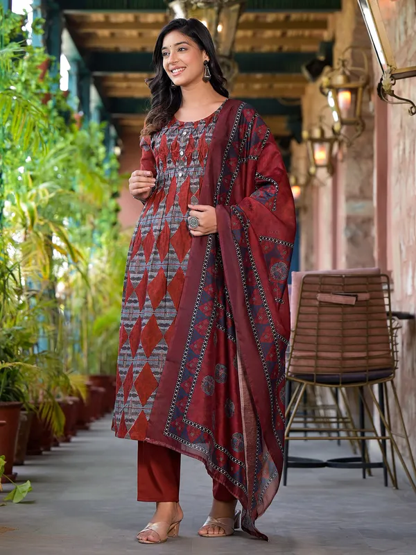 Stunning maroon cotton printed kurti set
