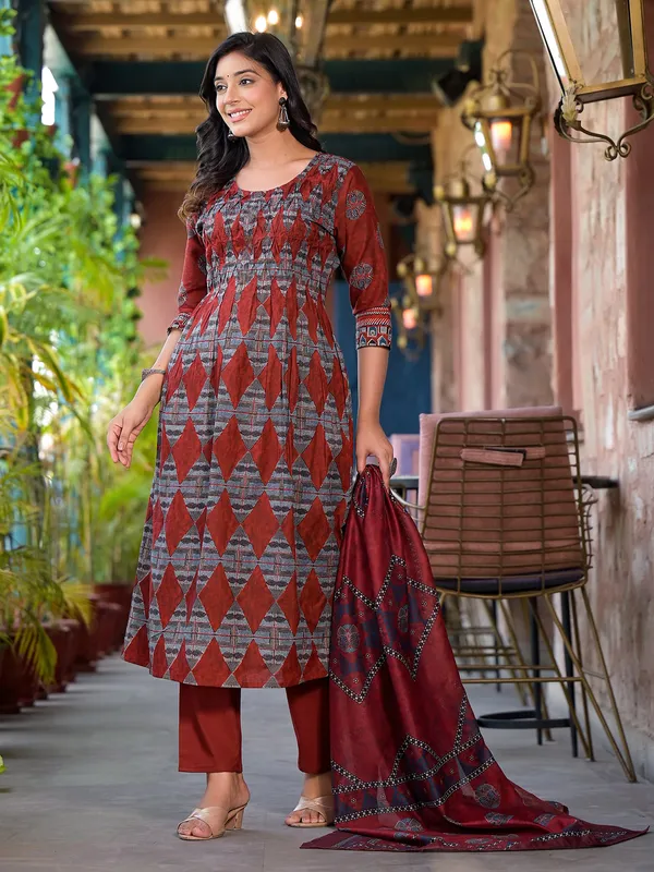 Stunning maroon cotton printed kurti set