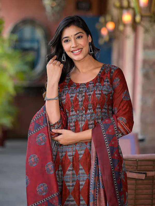 Stunning maroon cotton printed kurti set