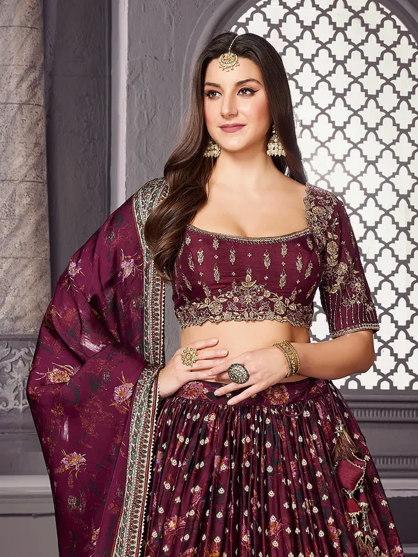 Stunning maroon silk printed lehenga choli