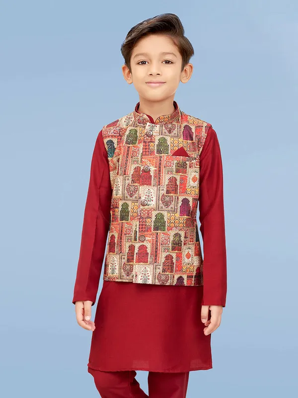 Stunning maroon silk printed waistcoat set