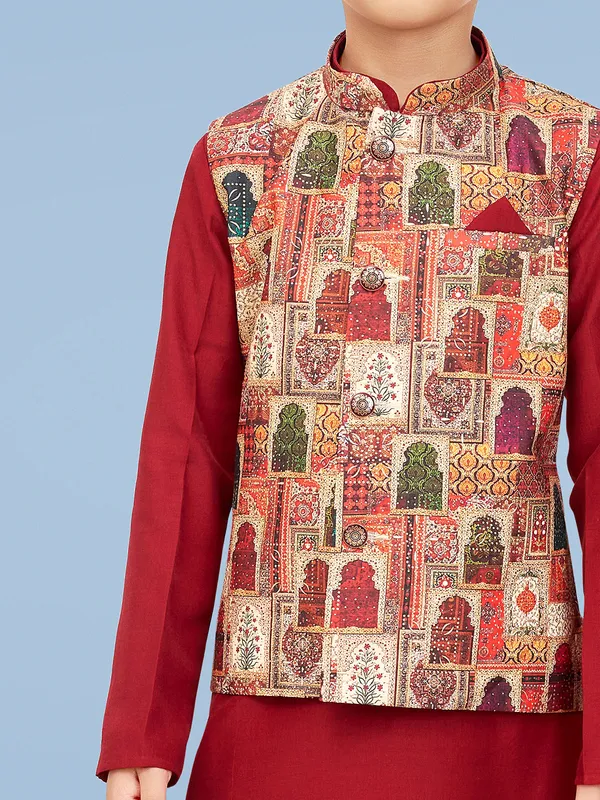 Stunning maroon silk printed waistcoat set