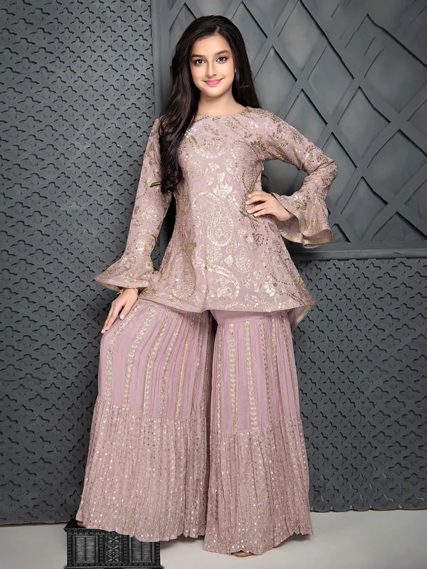 Stunning mauve pink silk sharara suit