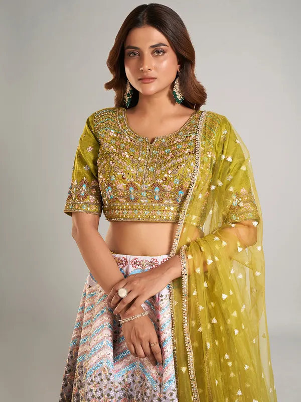 Stunning mehendi green silk lahenga choli