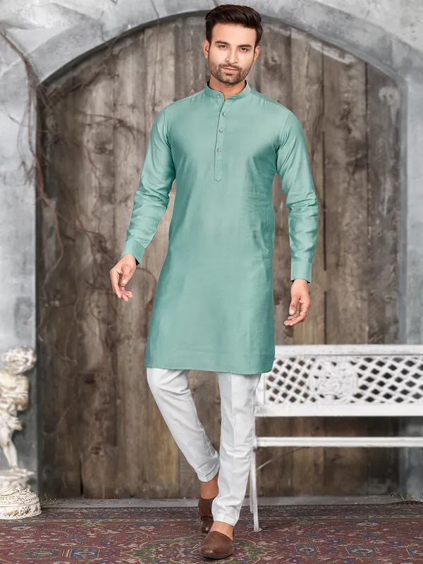 Stunning mint green plain  Men Kurta pajama