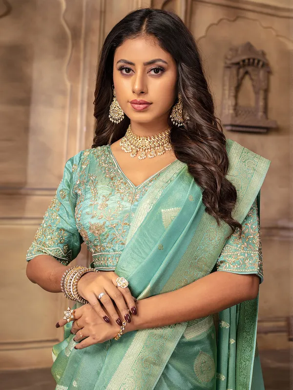 Stunning mint green tissue silk saree