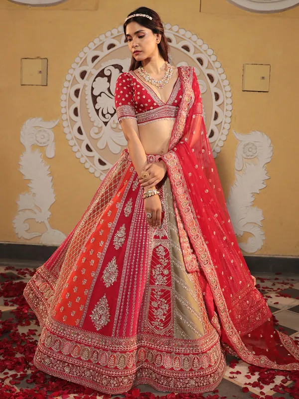 Stunning multi color raw silk lehenga choli